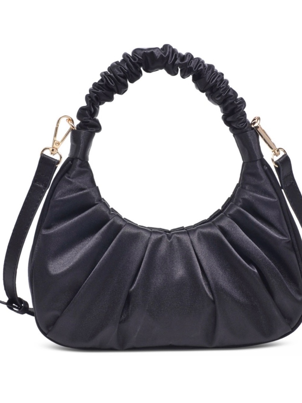 Vegan Leather Ruched Black Shoulder Hobo with Detachable Strap